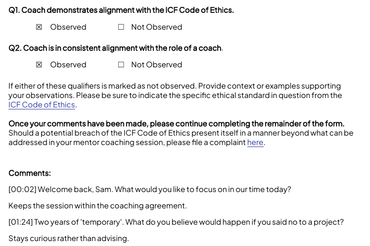 Competency 1 qualifiers ticked Observed, followed by the Comments