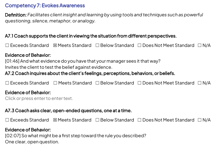 Competency 7 statements with ratings ticked and their evidence