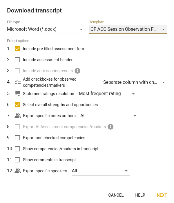 Download transcript dialog with the ICF ACC template and options selected