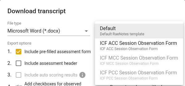 Template list with ICF ACC Session Observation Form available and the MCC and PCC forms greyed out