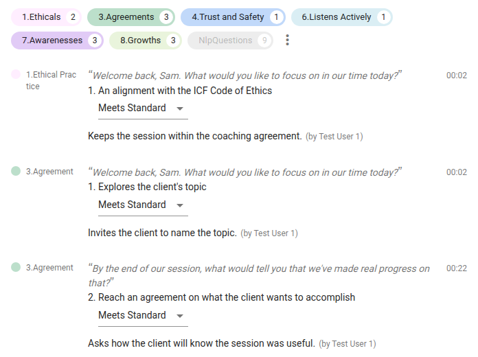 Outcomes tab listing markings with their statements, ratings and notes