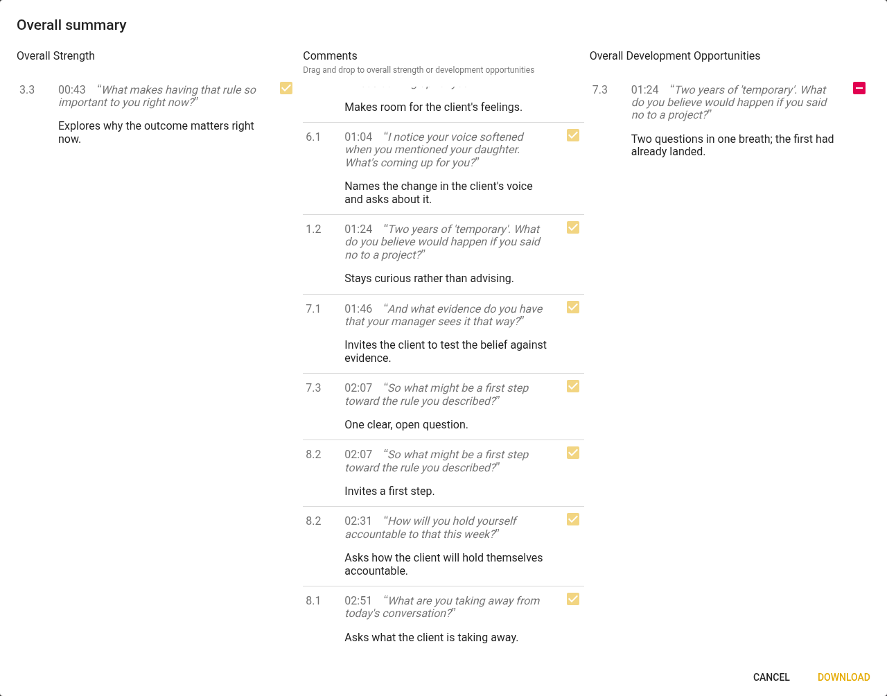 Overall summary dialog with one strength and one development opportunity