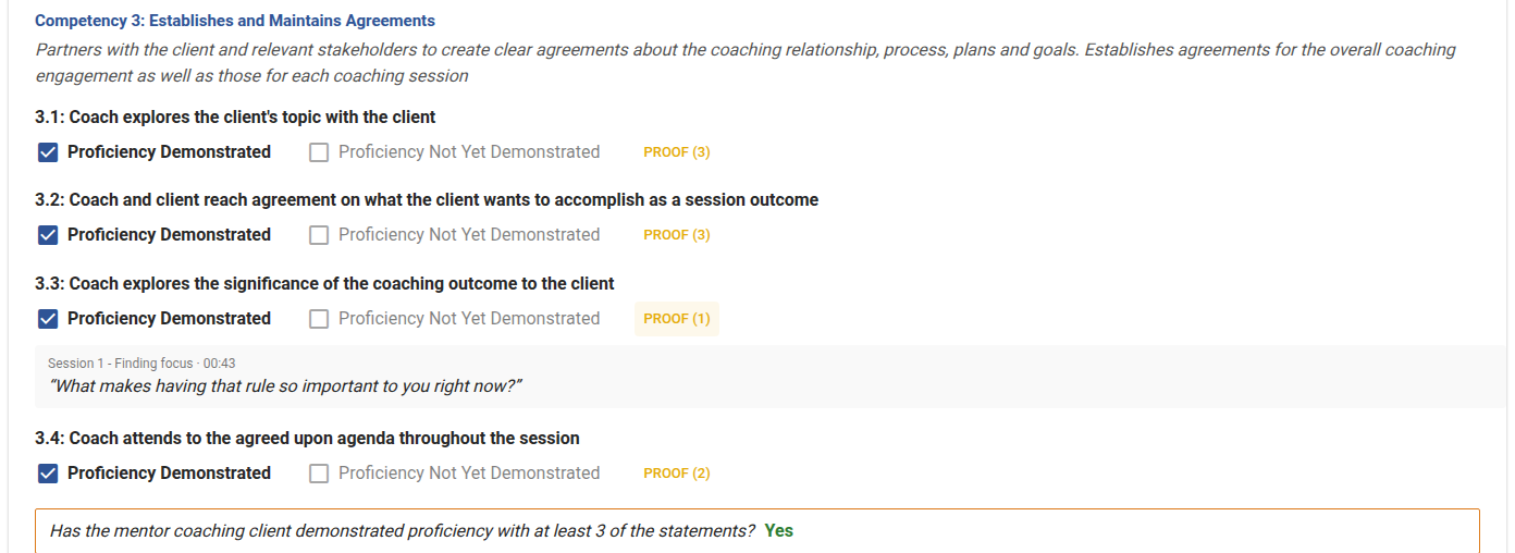 Competency 3 with every statement demonstrated, one proof opened, and the verdict Yes