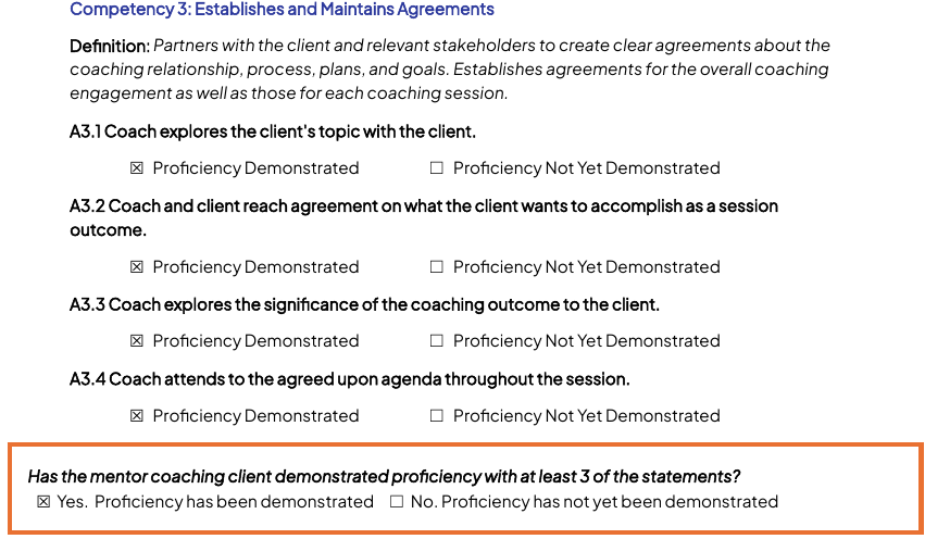 Exported form: Competency 3 statements ticked Proficiency Demonstrated and the verdict Yes