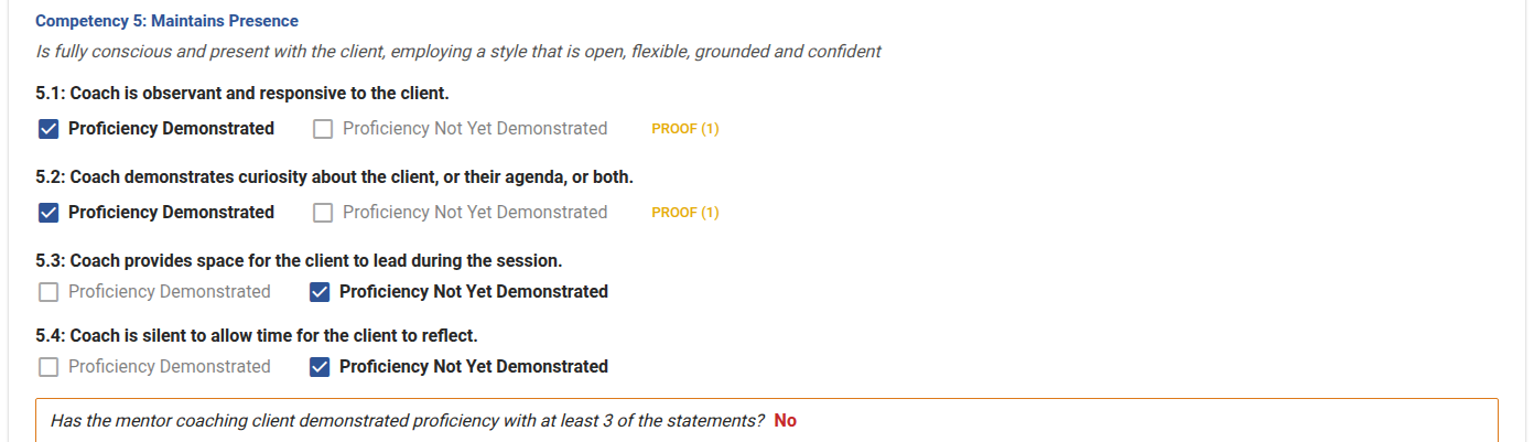 Competency 5 with two of four statements demonstrated and the verdict No