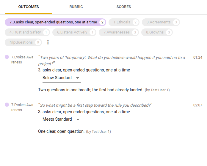 Outcomes tab showing only the two markings of statement 7.3