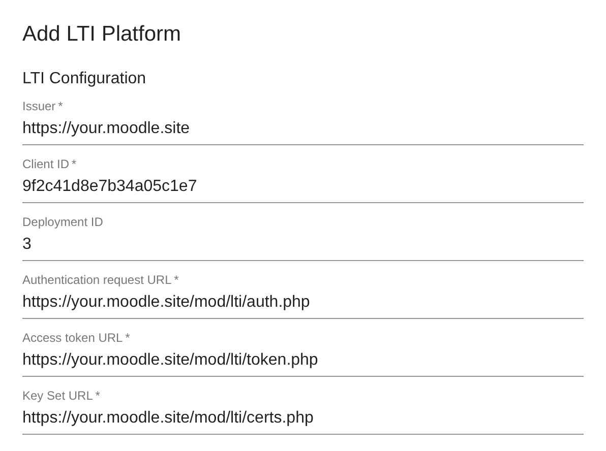 Add LTI Platform dialog, LTI Configuration section