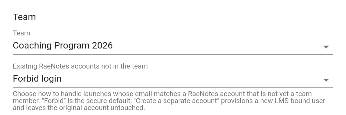 Add LTI Platform dialog, Team section