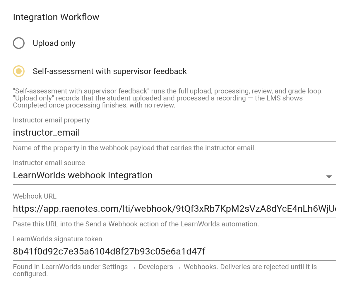 Edit LTI Platform dialog showing the generated Webhook URL and signature token field