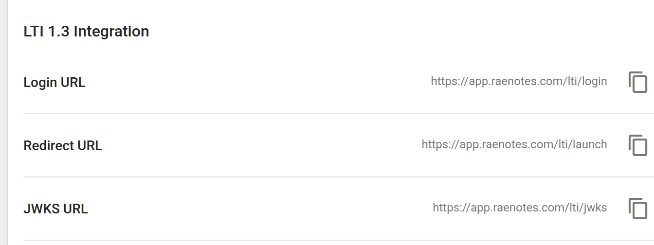 RaeNotes Integrations page showing the Login, Redirect and JWKS URLs